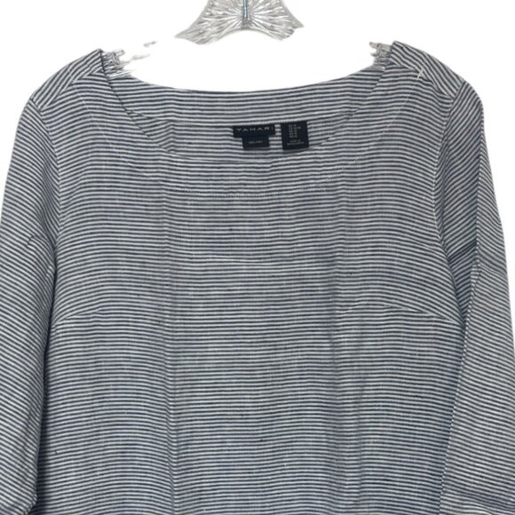 Tahari Linen Shirt Blouse Womens Medium Blue White Stripes - Picture 3 of 6